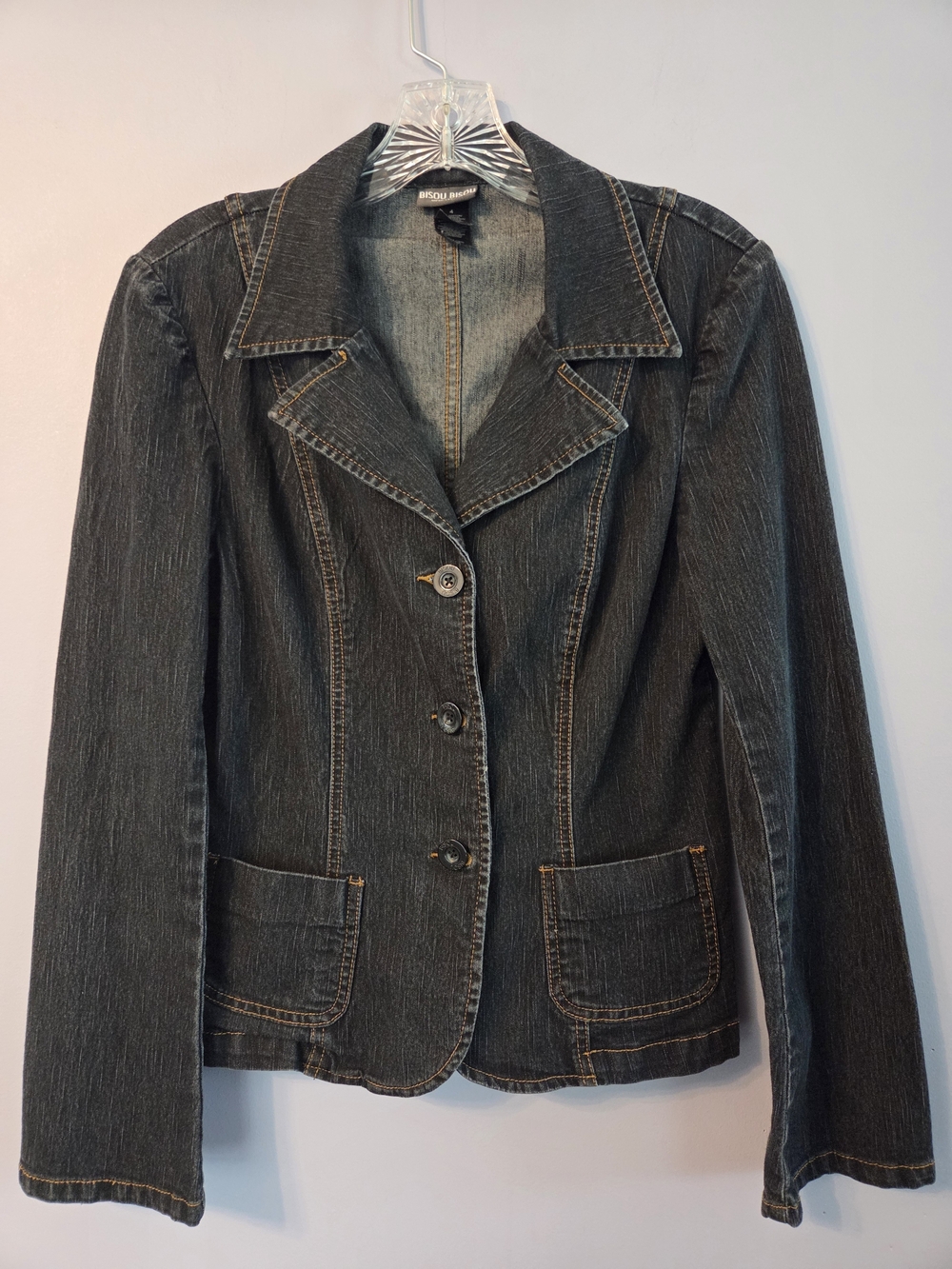 Vintage Bisou Bisou Y2K Denim Blazer Jacket Size 4 Dark Wash Tailored Fit Chic